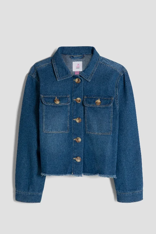 Girls Patch Pocket Oversized Denim Jacket With Fray Hem