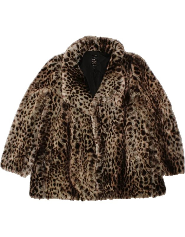 ZARA Womens Oversized Faux Fur Overcoat UK 16 Large Brown Animal Print