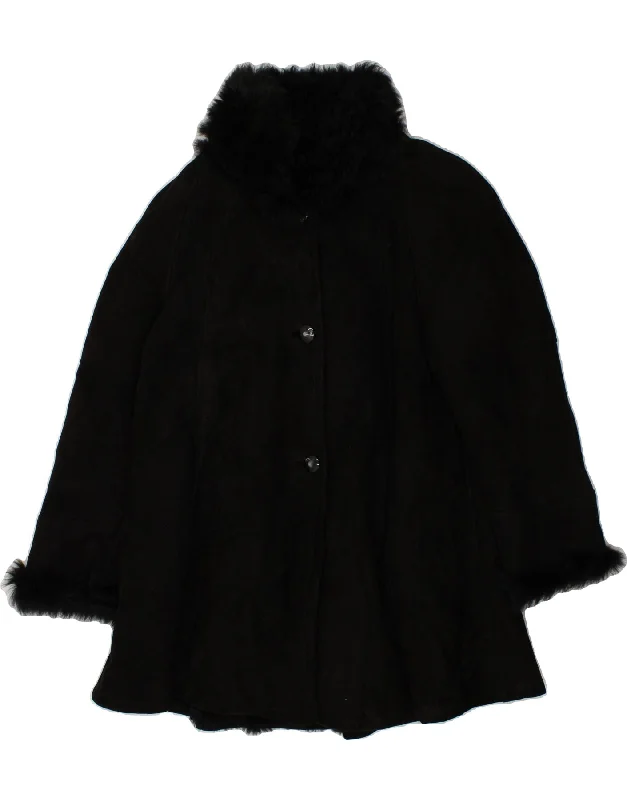 VINTAGE Womens Oversized Shearling Coat EU 40 Medium Black Shearling